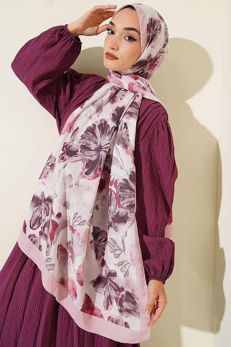 Floral Detail Bamboo Crinkle Shawl - Pink
