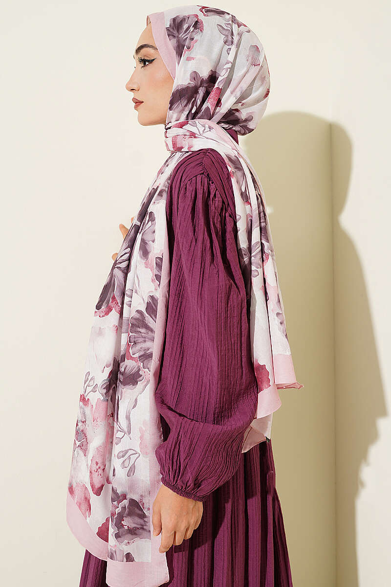 Floral Detail Bamboo Crinkle Shawl - Pink