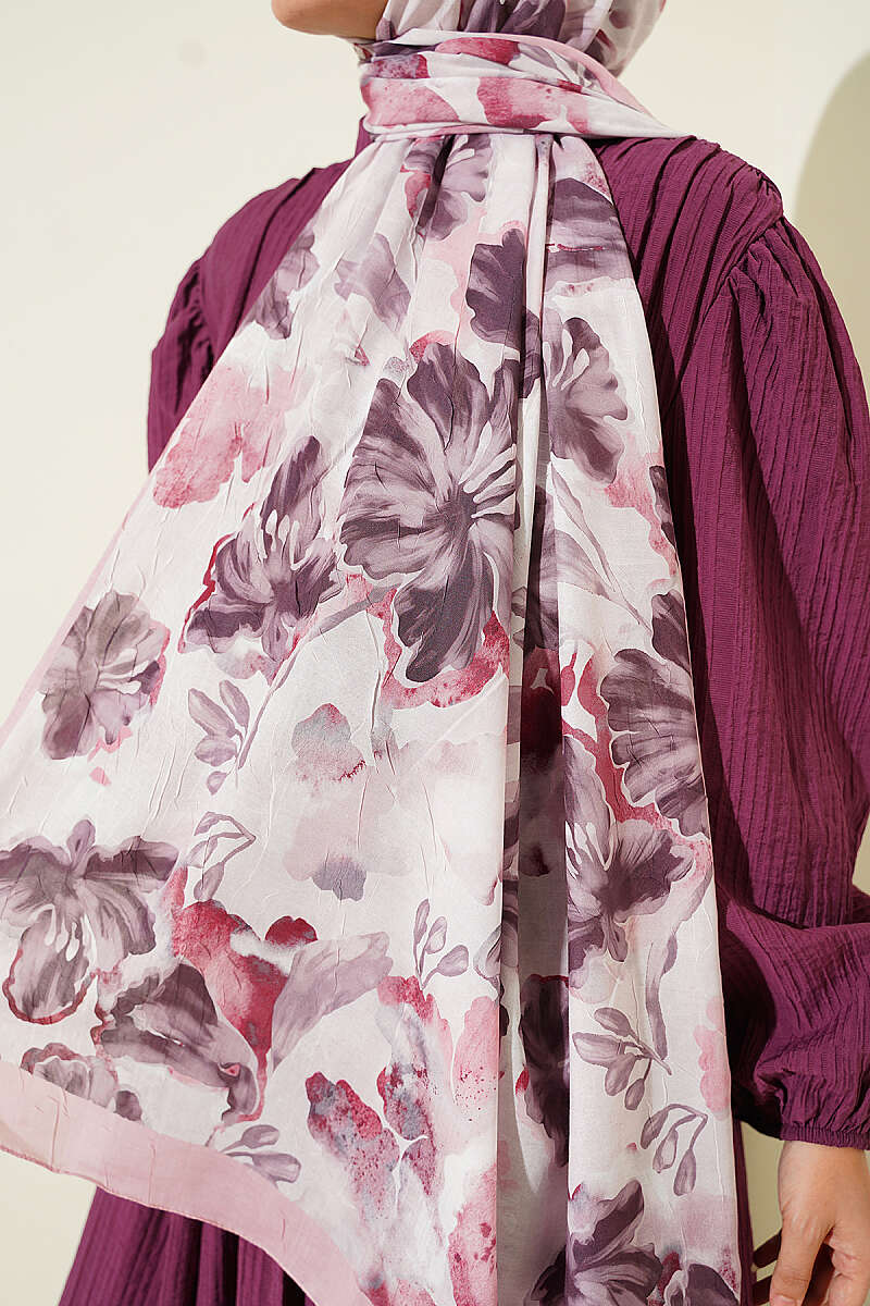 Floral Detail Bamboo Crinkle Shawl - Pink
