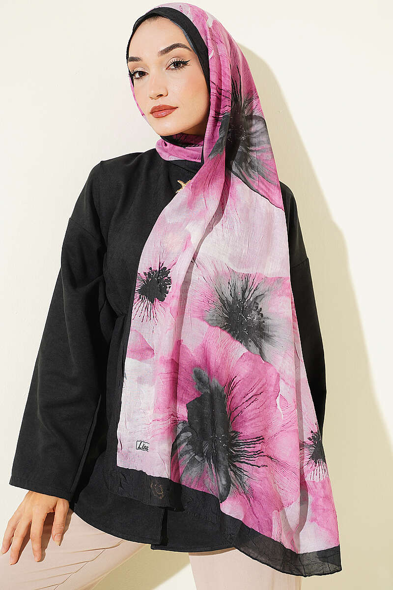 Floral Detail Bamboo Crinkle Shawl - Black
