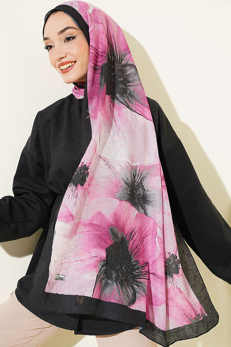 Floral Detail Bamboo Crinkle Shawl - Black