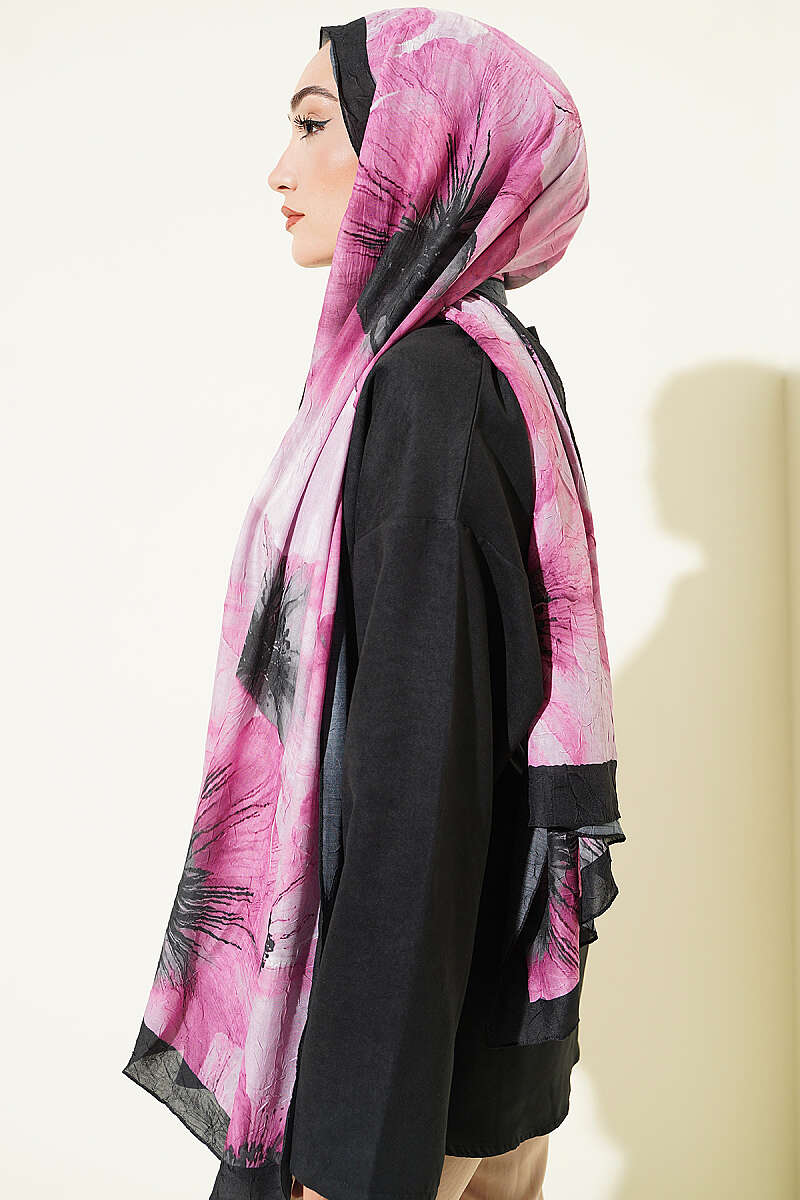Floral Detail Bamboo Crinkle Shawl - Black