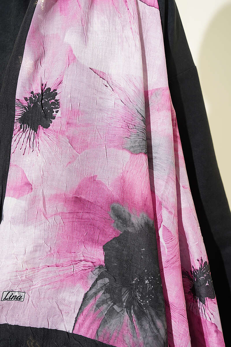 Floral Detail Bamboo Crinkle Shawl - Black