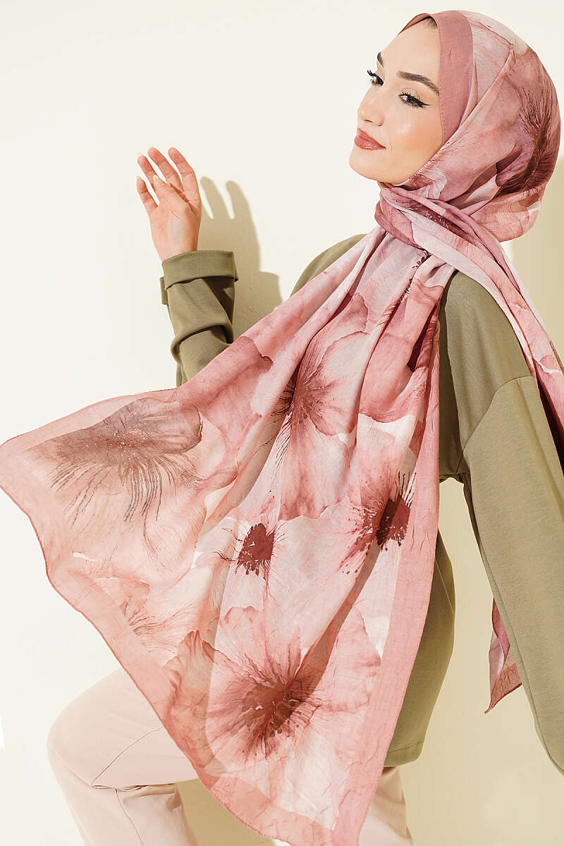 Floral Detail Bamboo Crinkle Shawl - Onion Skin