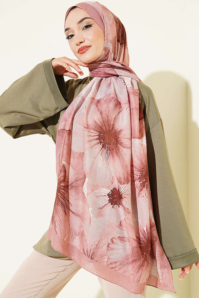 Floral Detail Bamboo Crinkle Shawl - Onion Skin