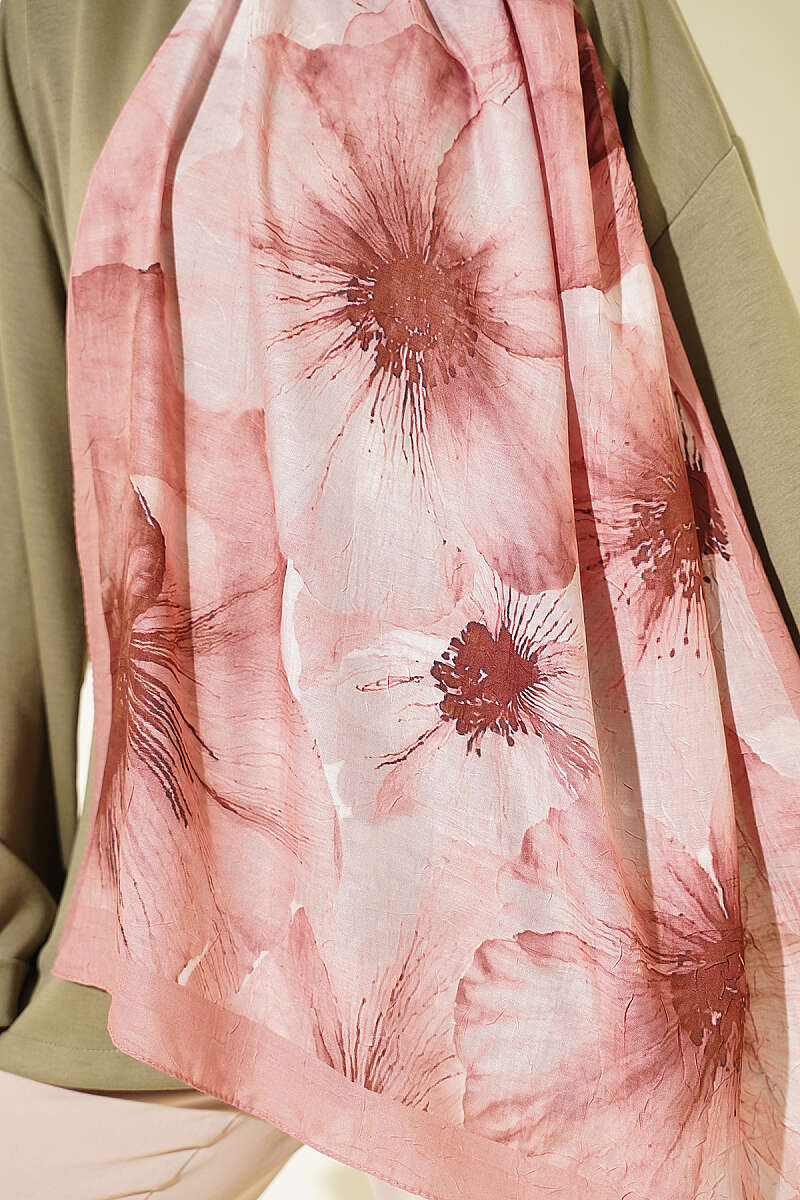 Floral Detail Bamboo Crinkle Shawl - Onion Skin