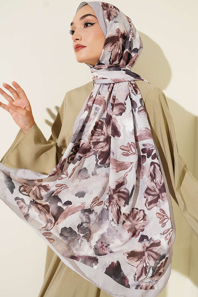 Floral Detail Bamboo Crinkle Shawl - Stone Grey
