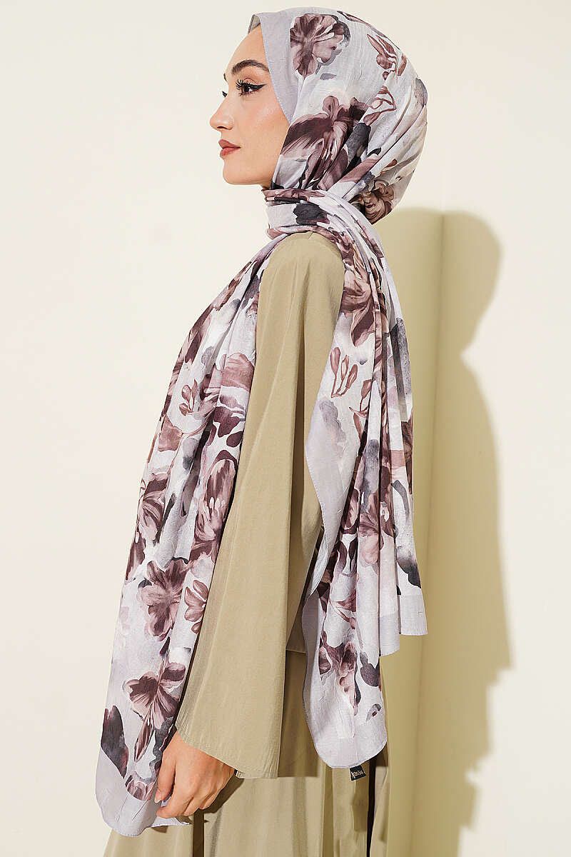 Floral Detail Bamboo Crinkle Shawl - Stone Grey