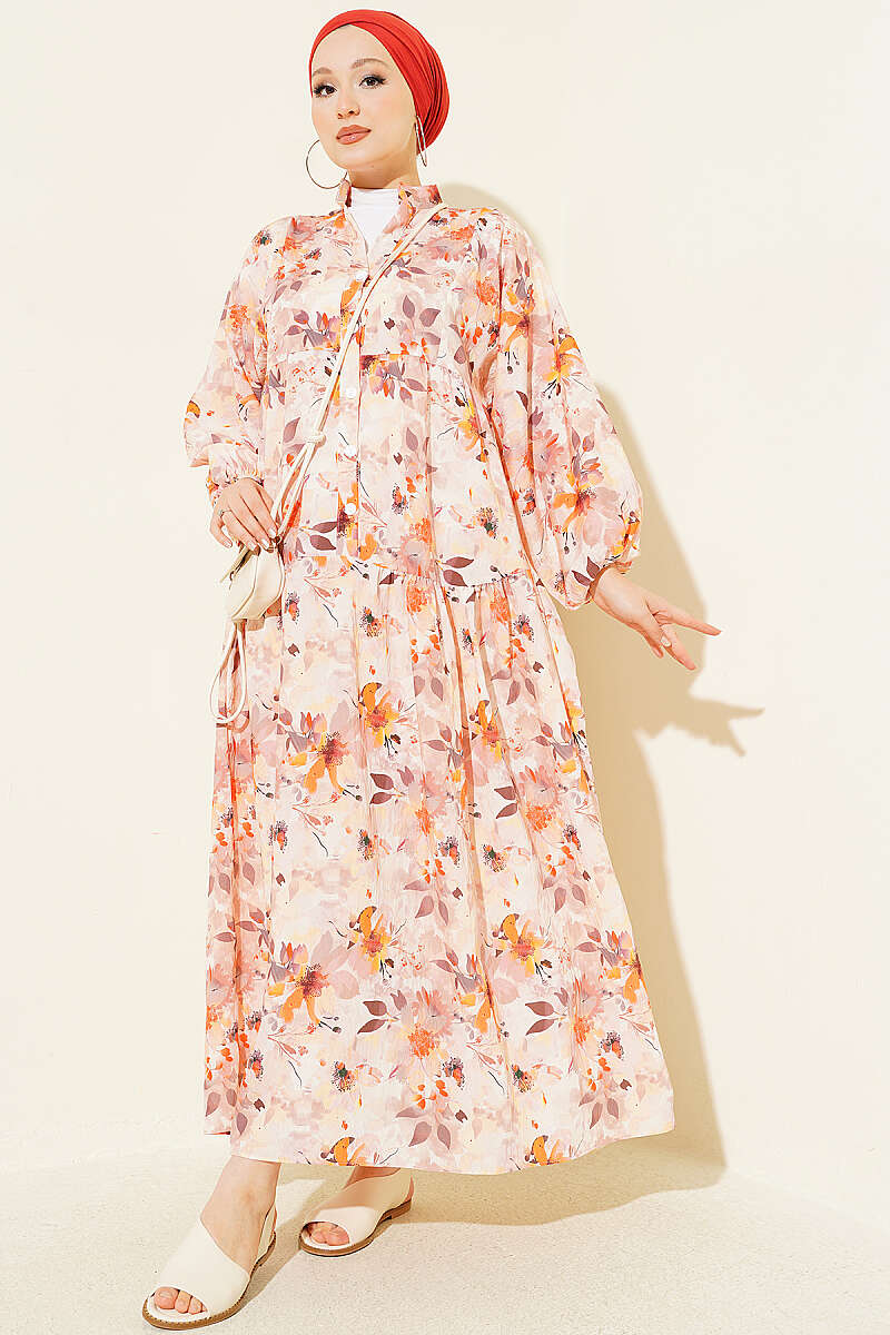 Half-Button Dress with Floral Detail - Beige