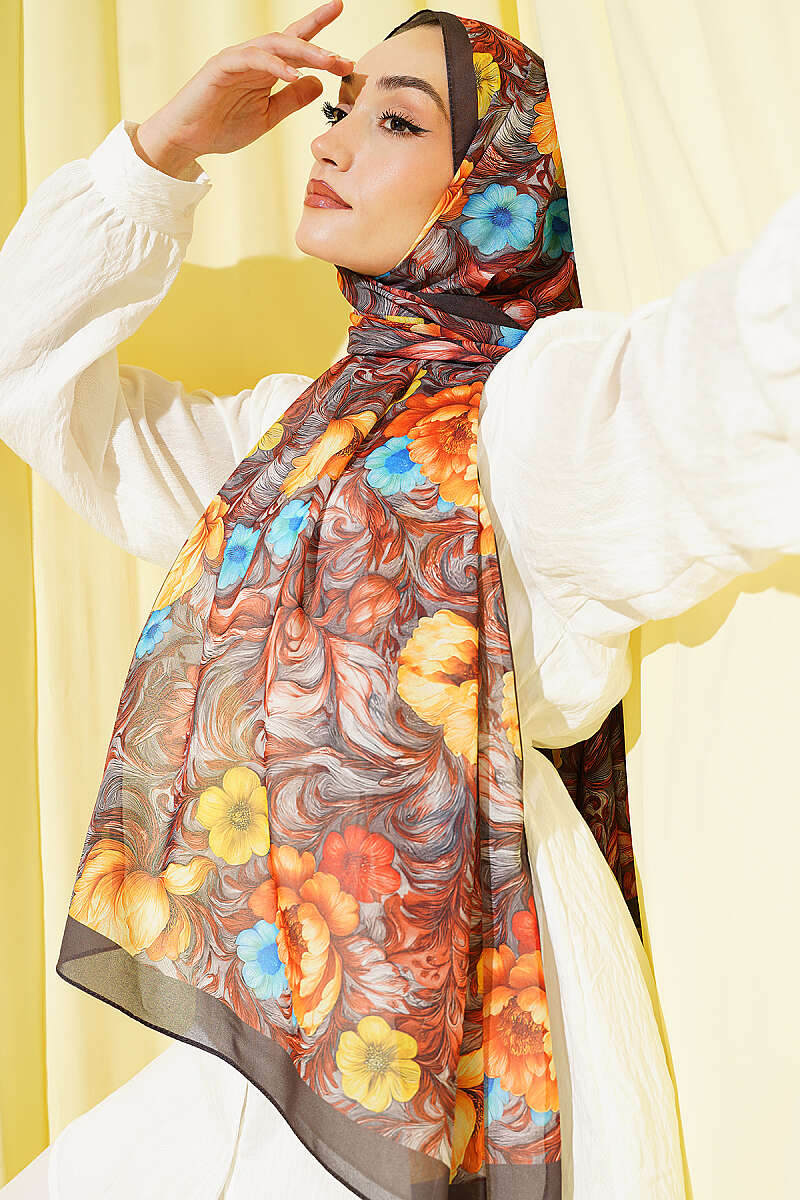 Floral French Silk Shawl - Dark Brown