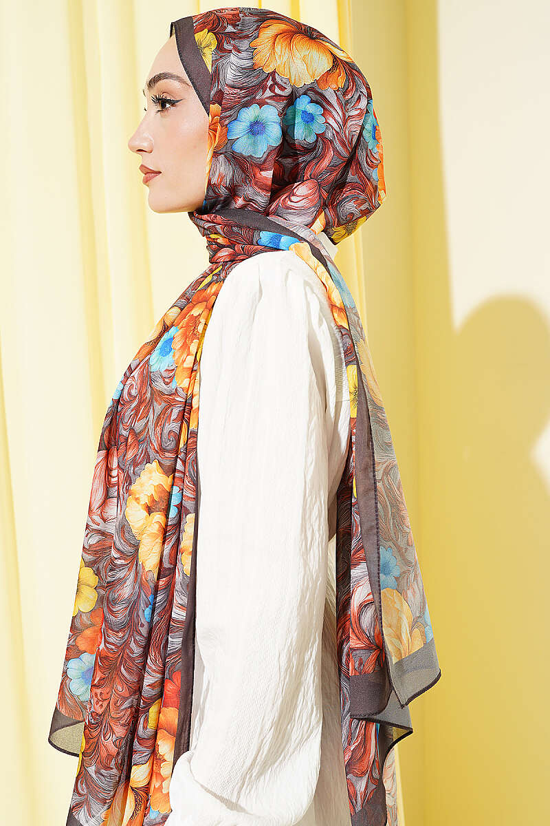 Floral French Silk Shawl - Dark Brown