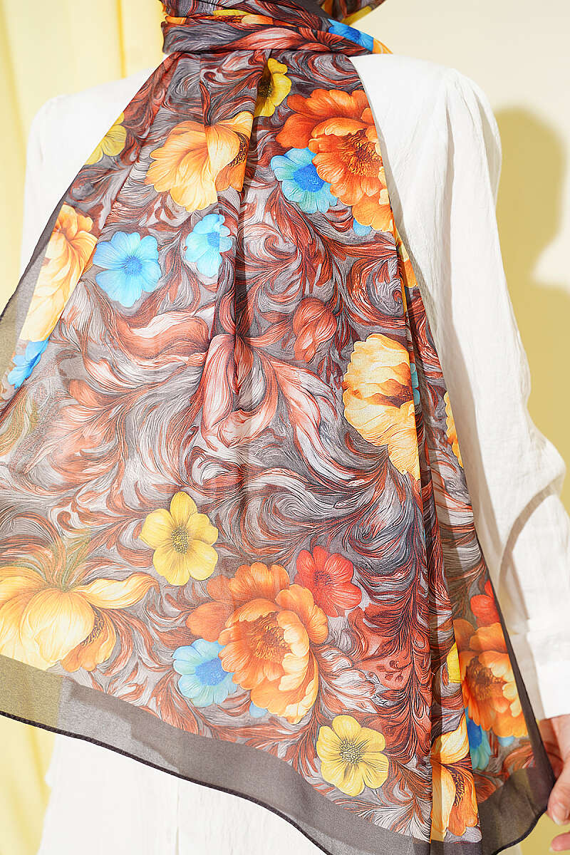 Floral French Silk Shawl - Dark Brown