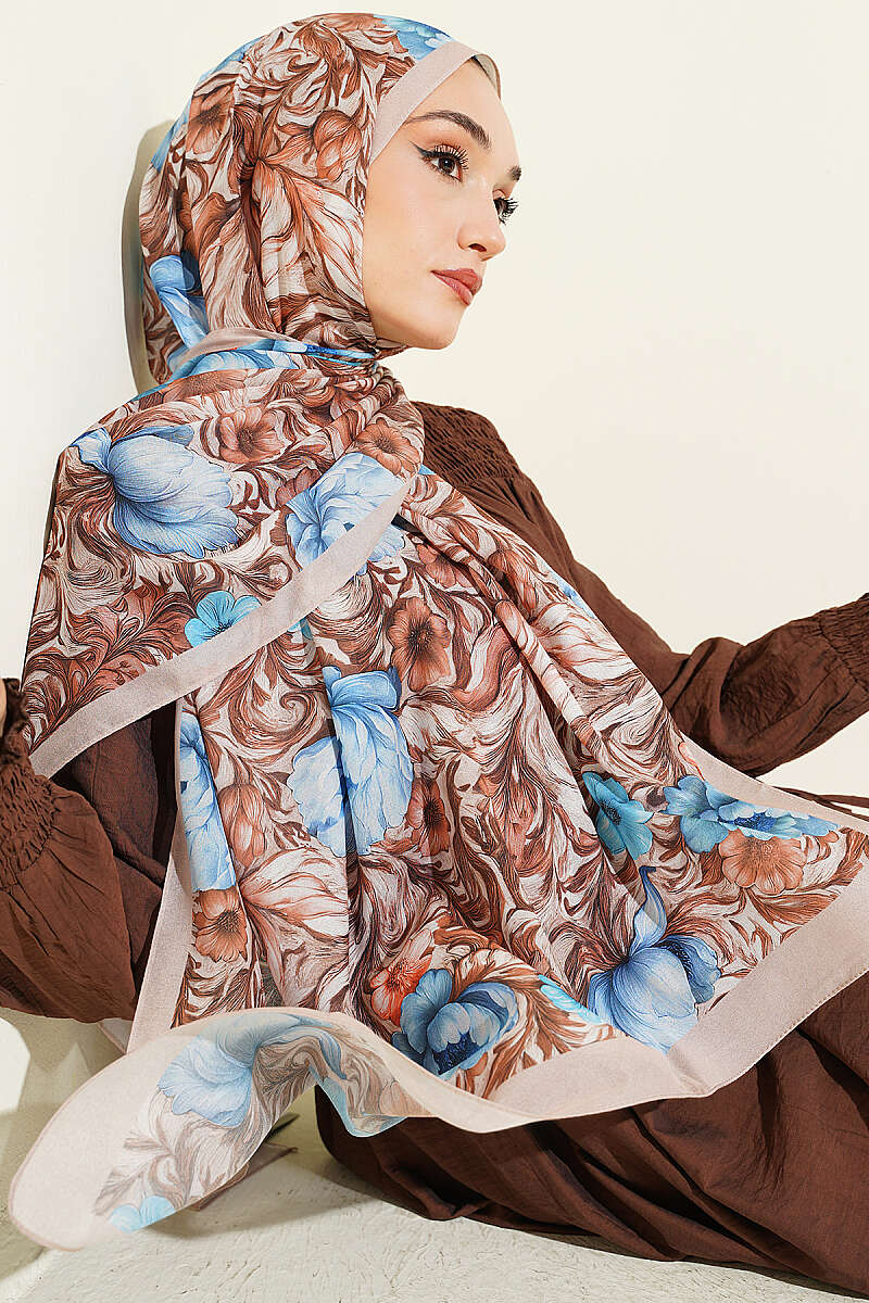 Floral French Silk Shawl - Beige