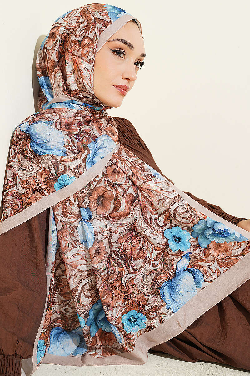 Floral French Silk Shawl - Beige
