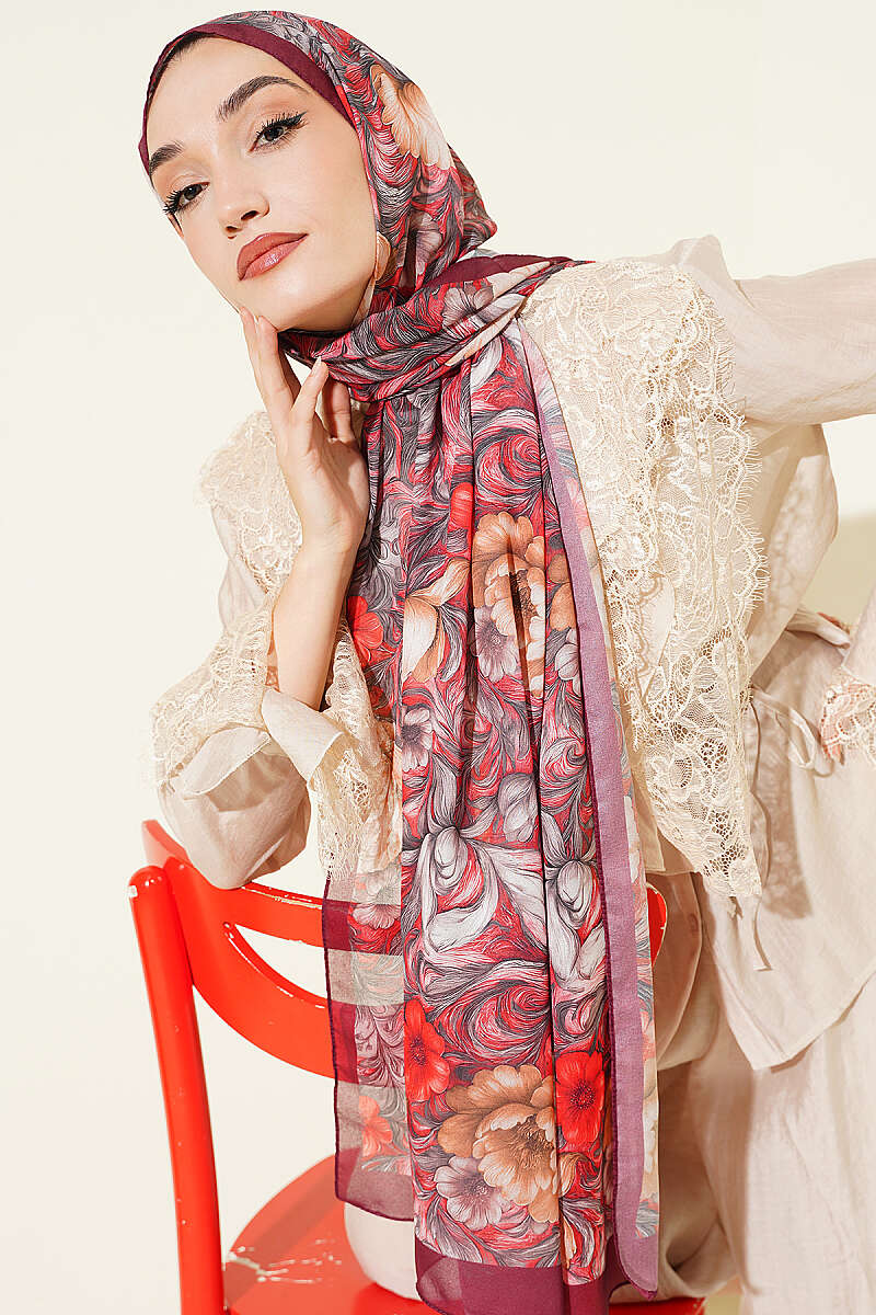 Floral French Silk Shawl - Burgundy