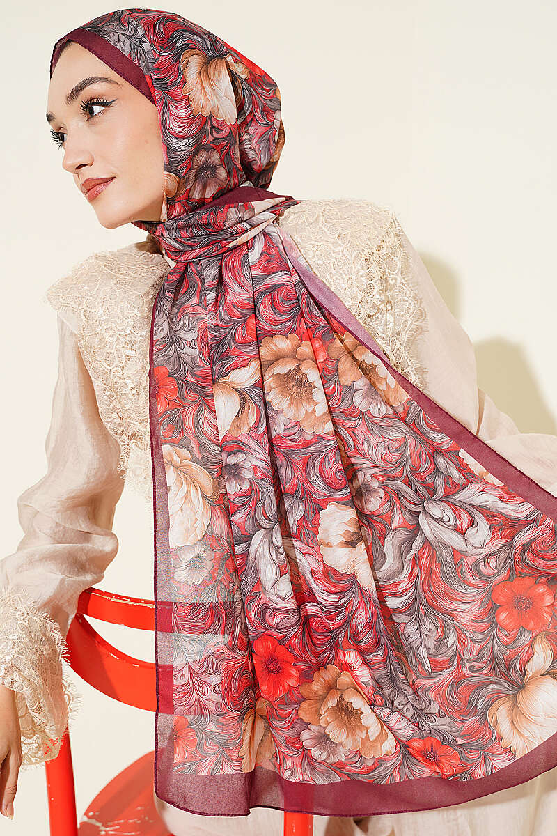 Floral French Silk Shawl - Burgundy