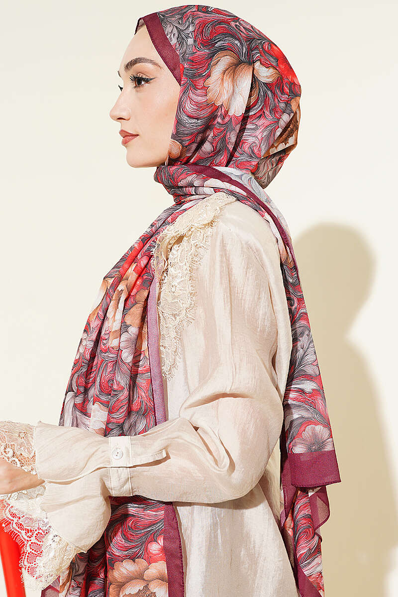 Floral French Silk Shawl - Burgundy