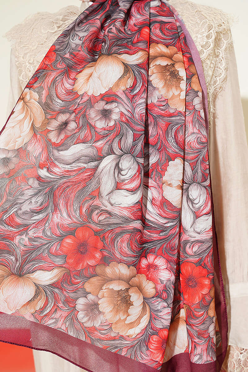 Floral French Silk Shawl - Burgundy