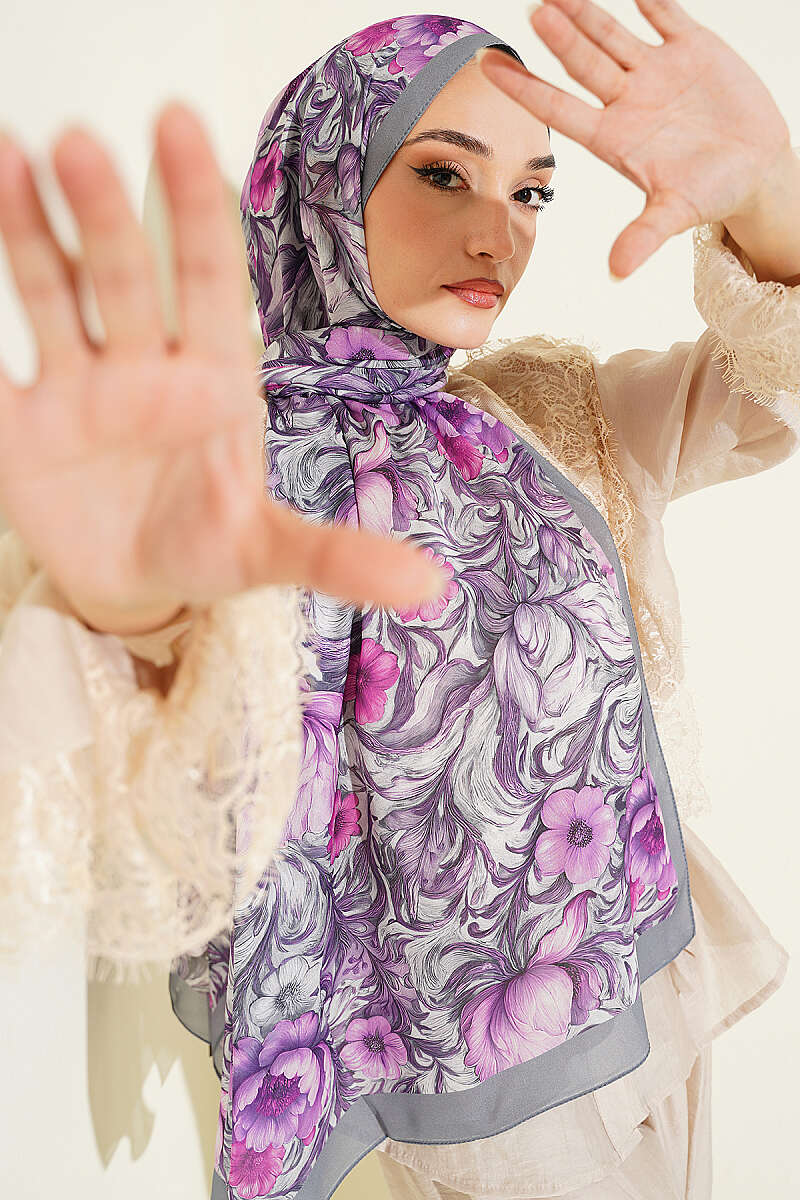 Floral French Silk Shawl - Smoke Grey