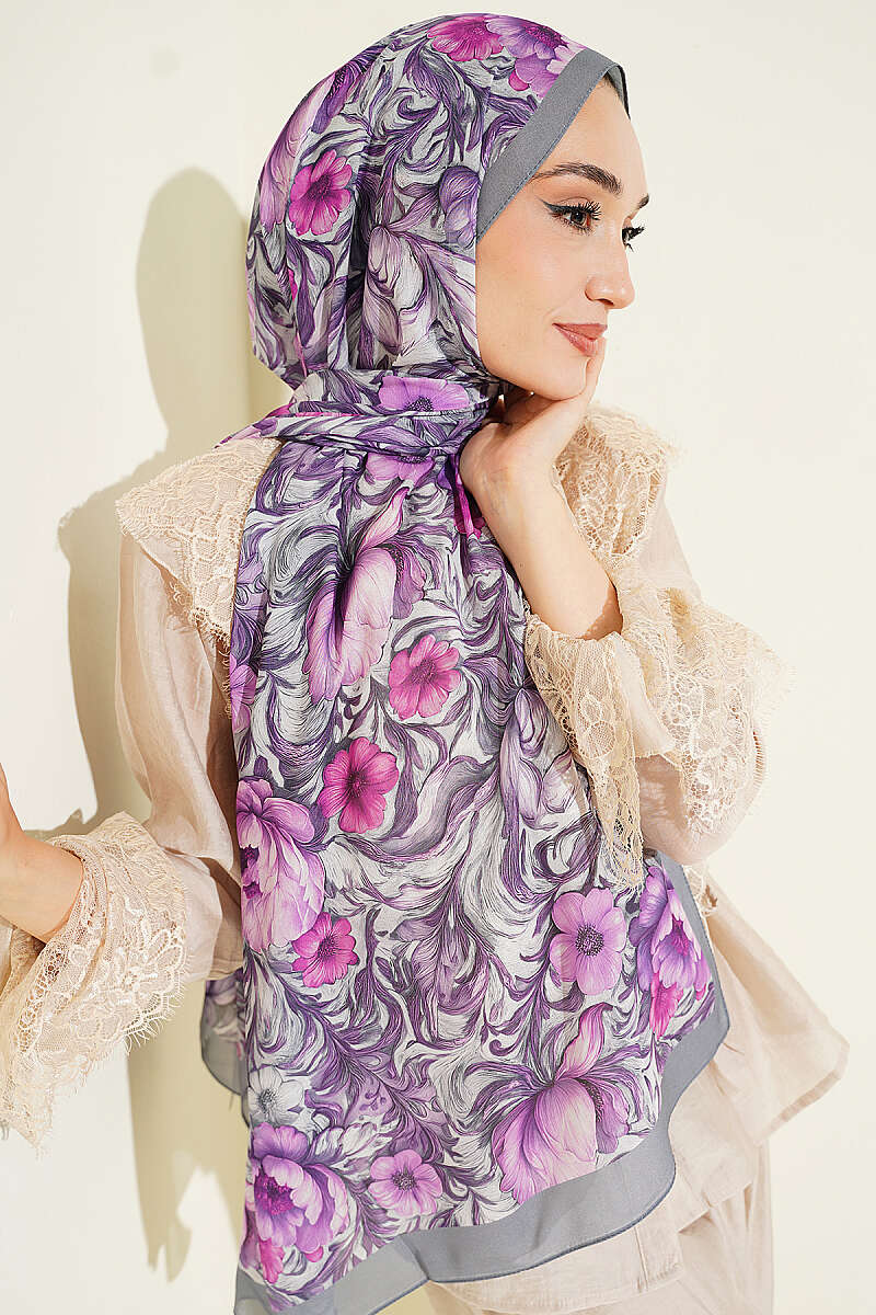 Floral French Silk Shawl - Smoke Grey