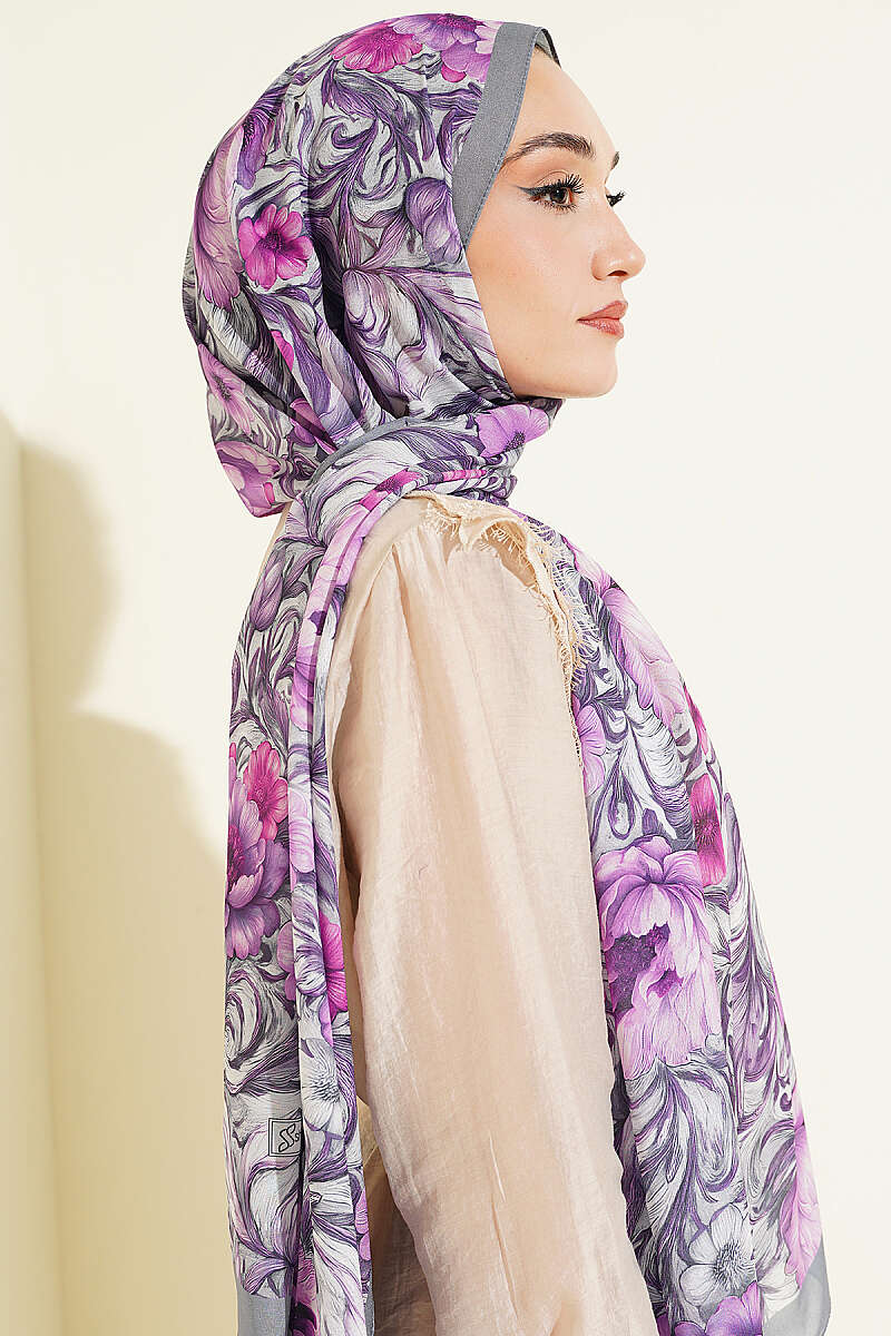 Floral French Silk Shawl - Smoke Grey