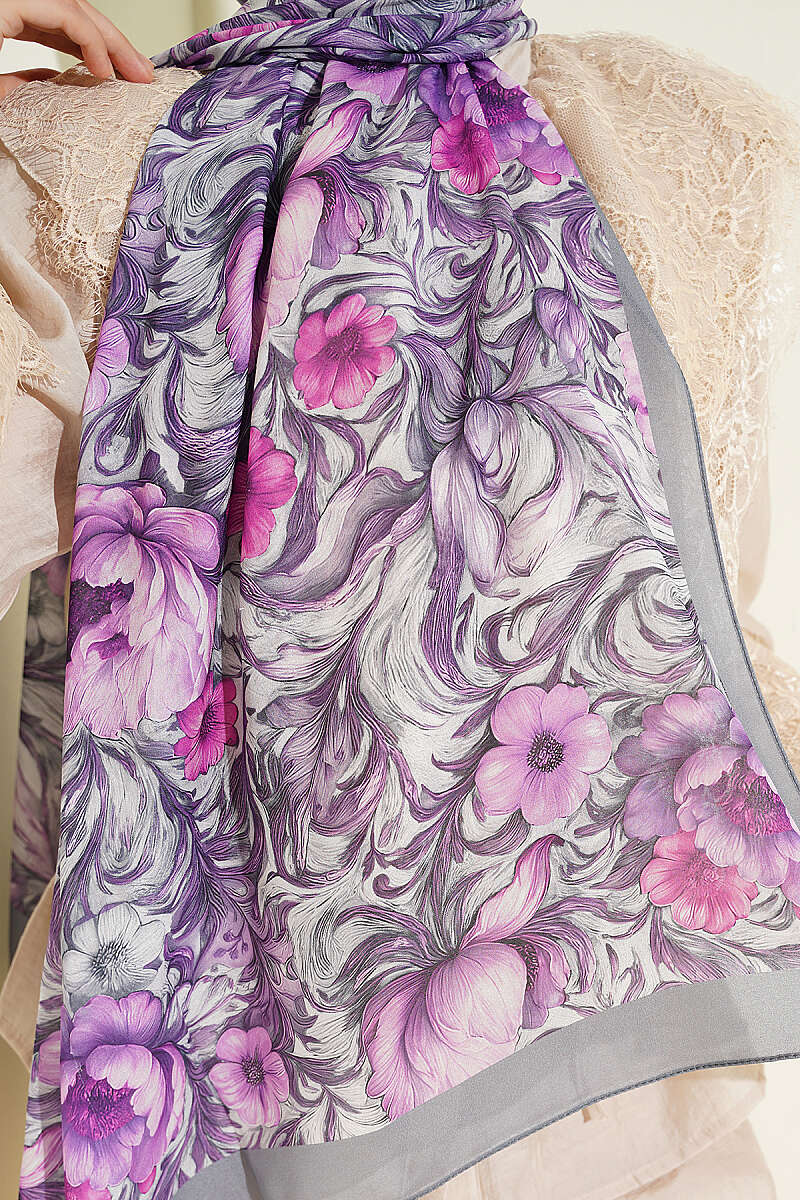 Floral French Silk Shawl - Smoke Grey