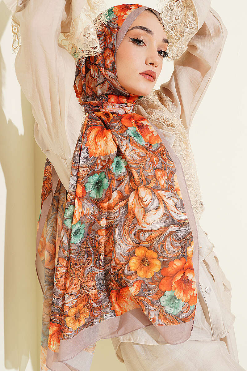 Floral French Silk Shawl - Sand