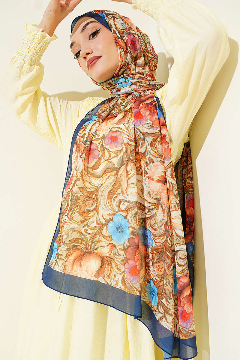 Floral French Silk Shawl - Navy