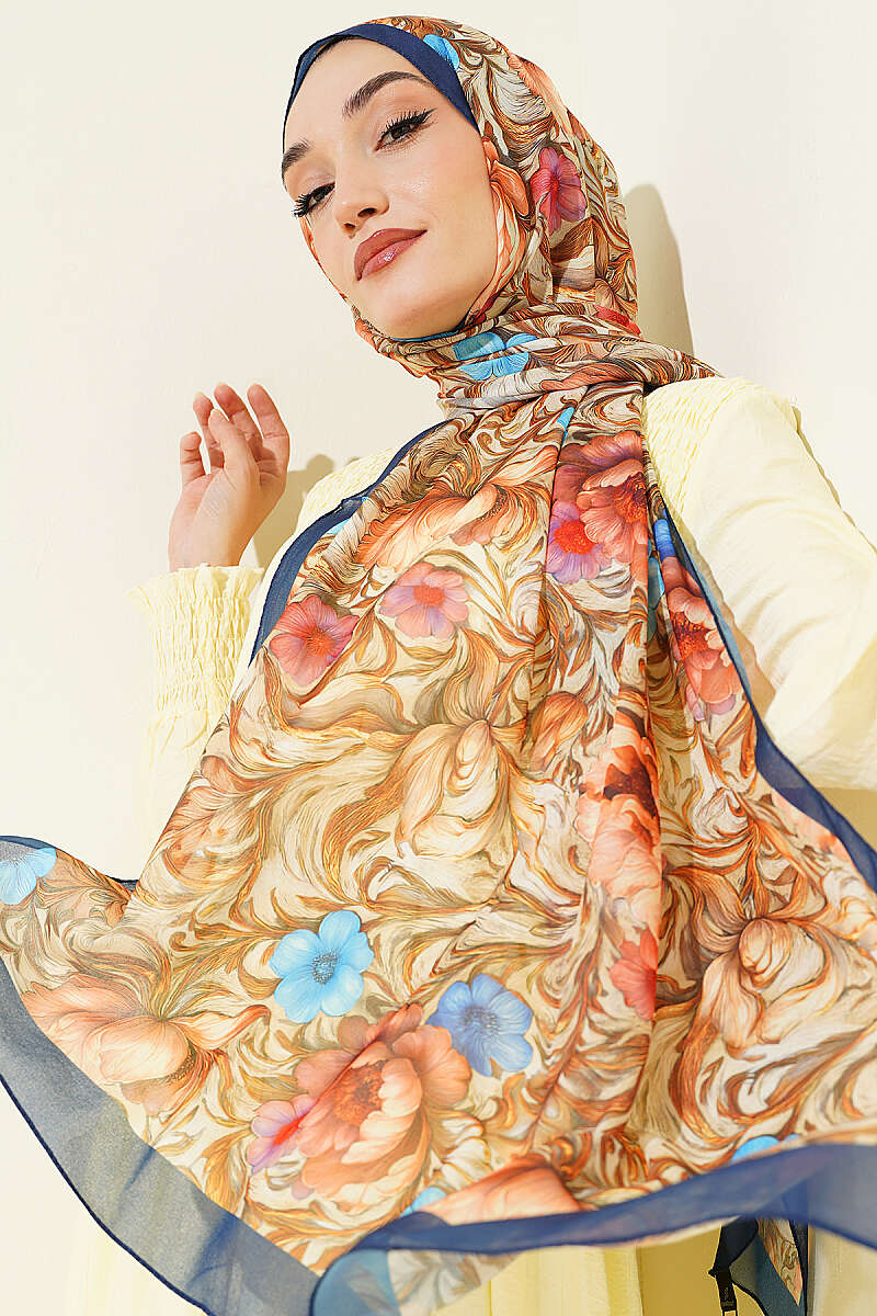 Floral French Silk Shawl - Navy