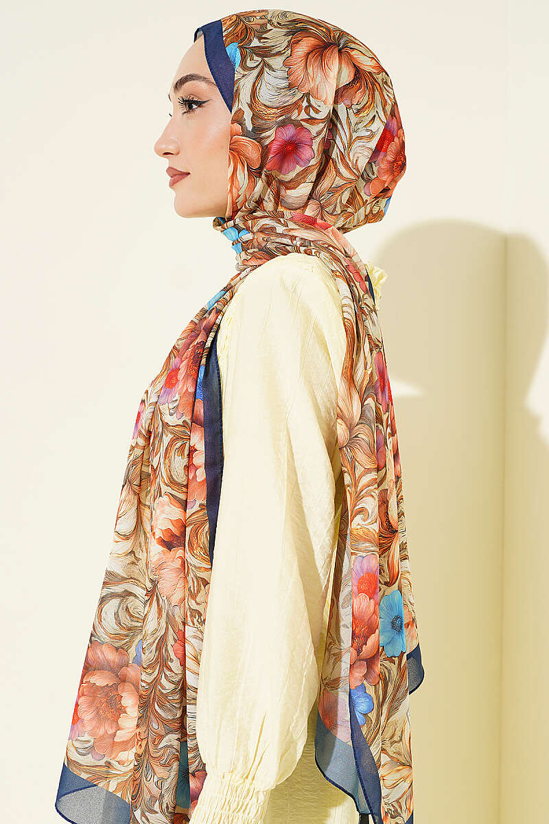 Floral French Silk Shawl - Navy