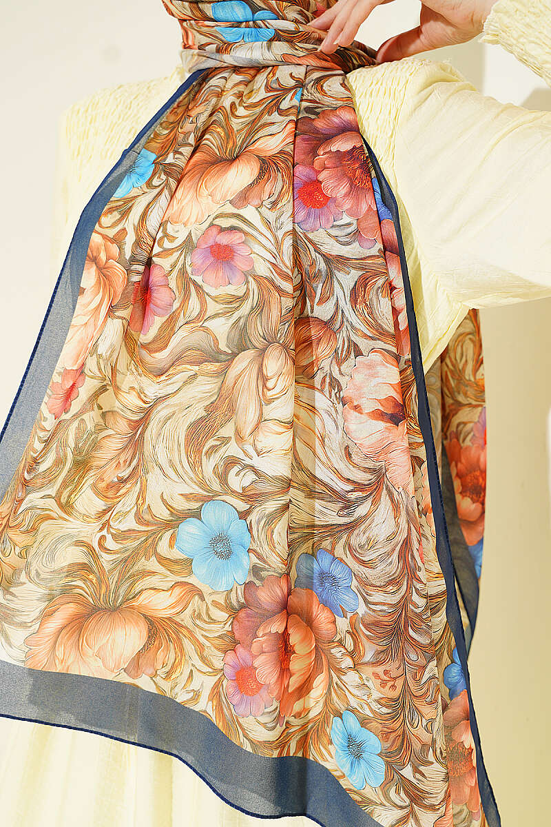 Floral French Silk Shawl - Navy