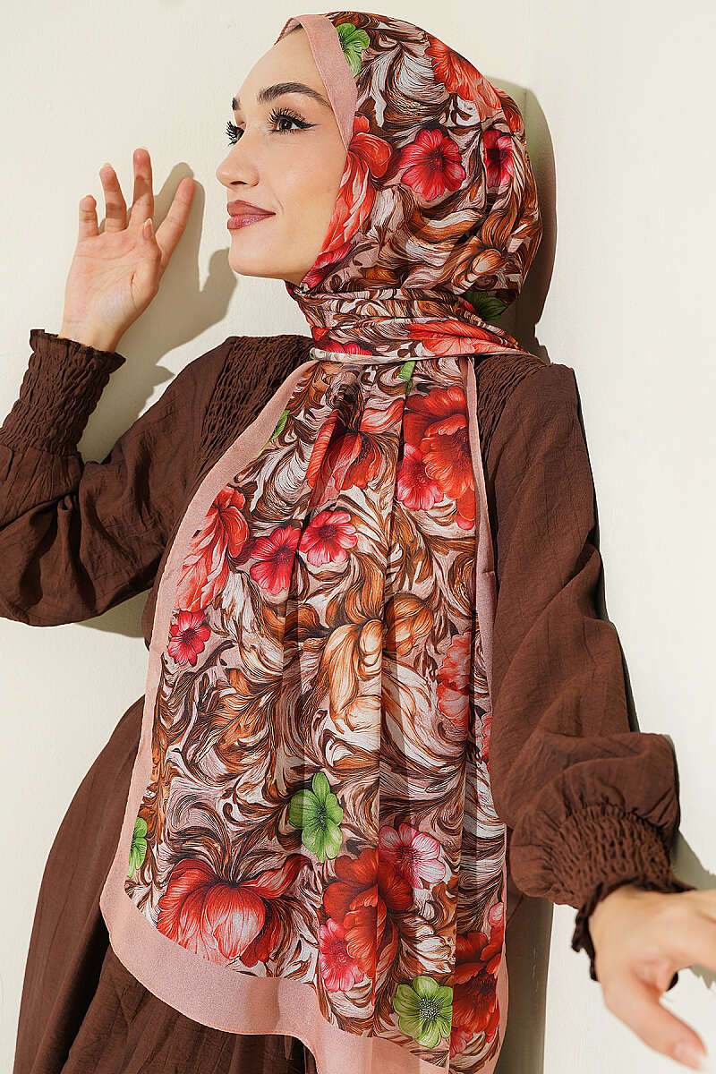 Floral French Silk Shawl - Latte