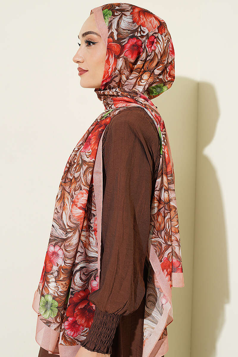 Floral French Silk Shawl - Latte