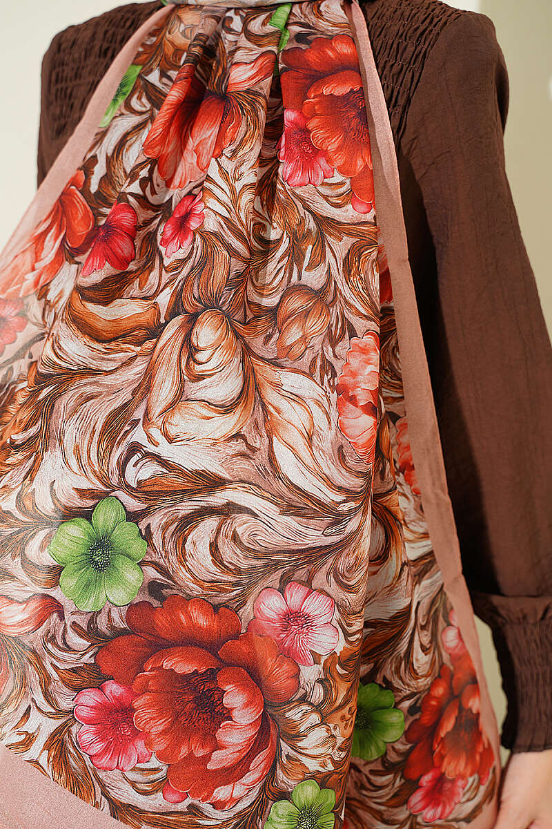 Floral French Silk Shawl - Latte