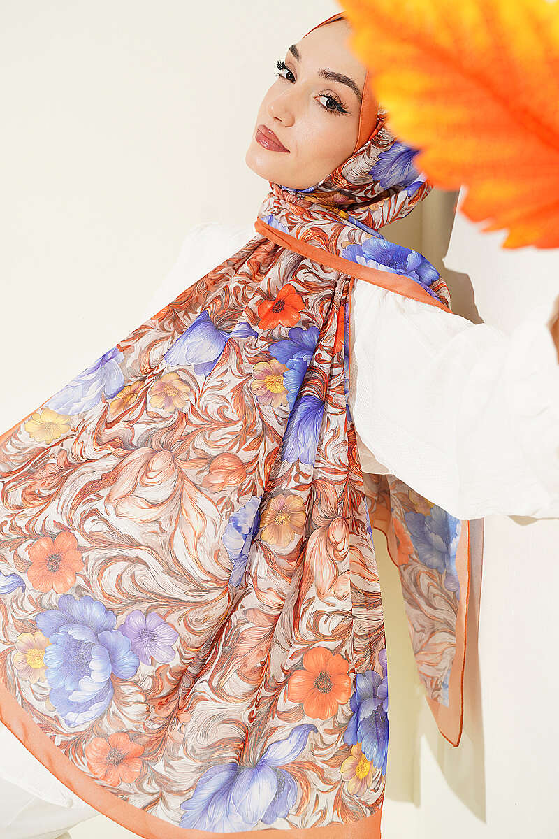 Floral French Silk Shawl - Orange