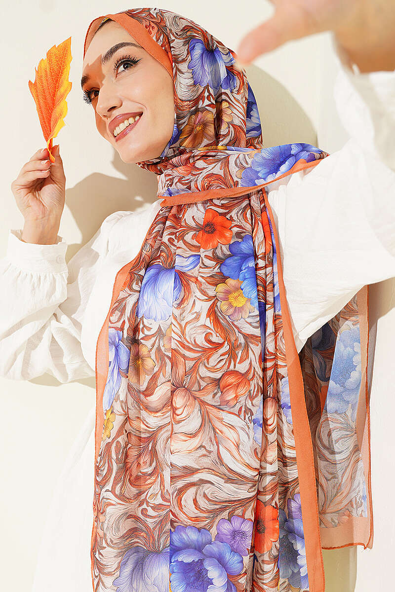 Floral French Silk Shawl - Orange