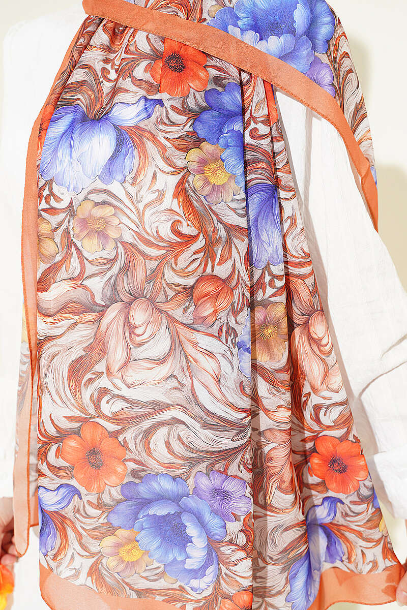 Floral French Silk Shawl - Orange