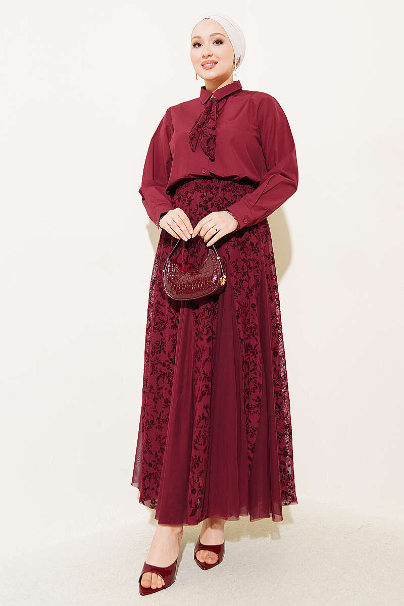 Floral Tulle Skirt Set with Scarf - Burgundy