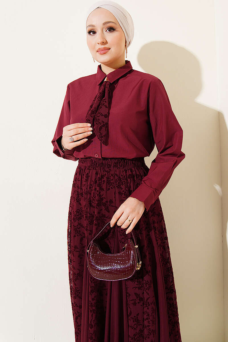 Floral Tulle Skirt Set with Scarf - Burgundy