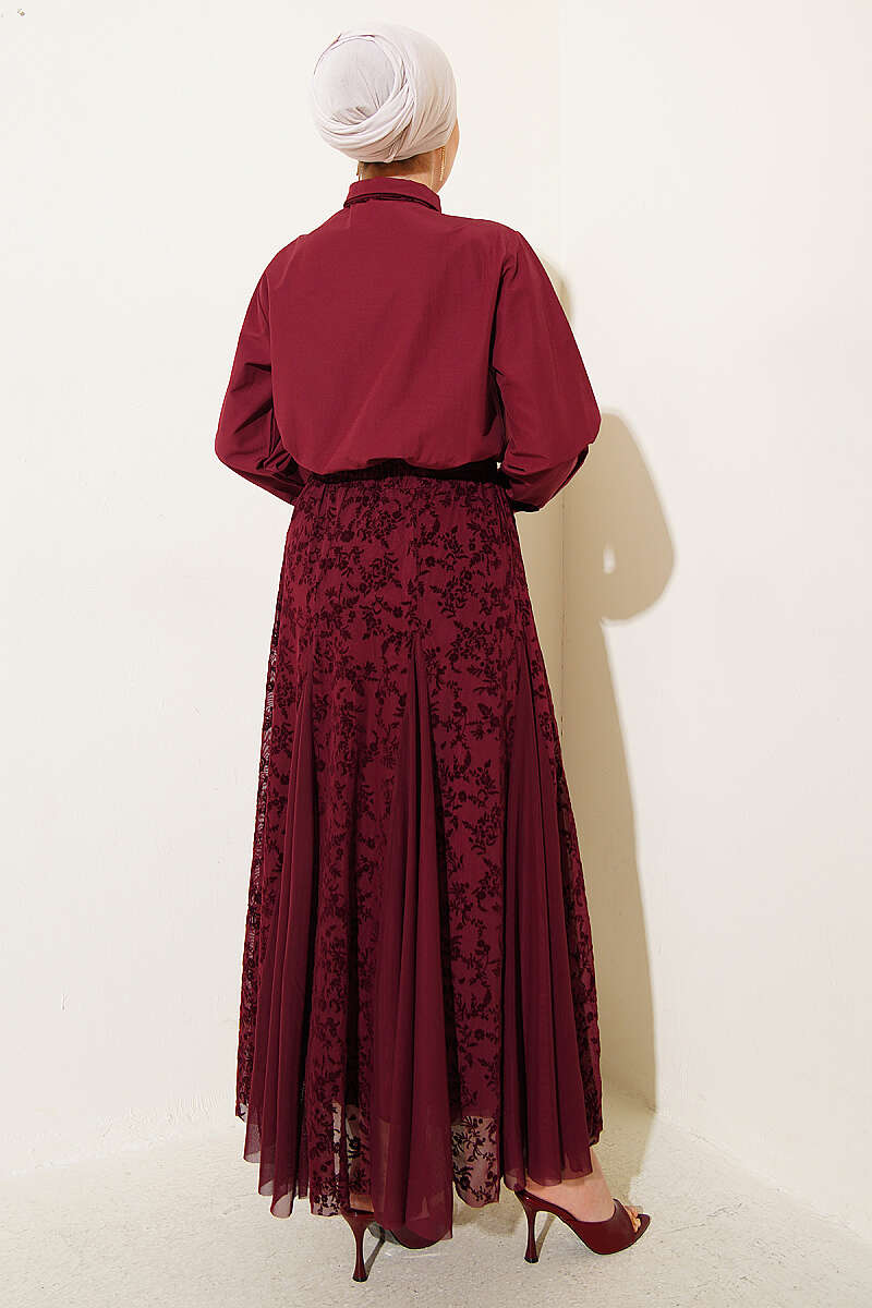 Floral Tulle Skirt Set with Scarf - Burgundy