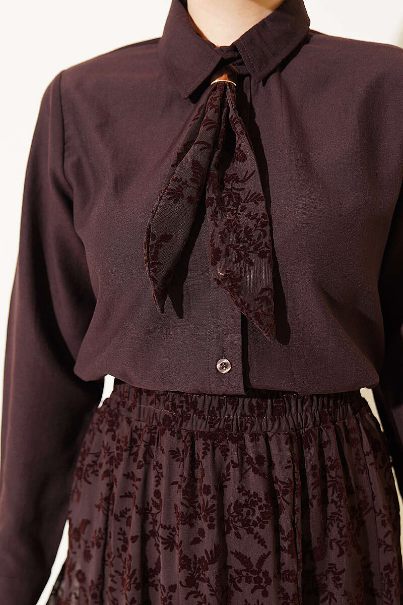 Floral Tulle Skirt Set with Scarf - Brown