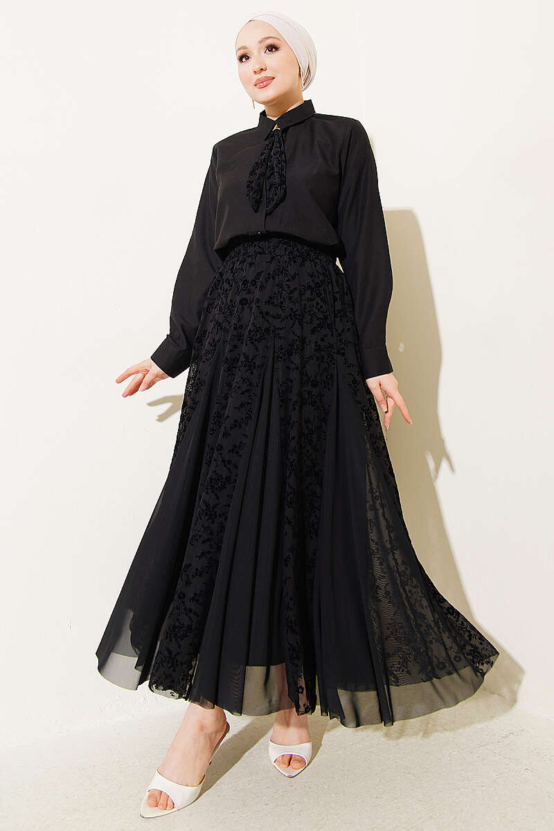 Floral Tulle Skirt Set with Scarf - Black