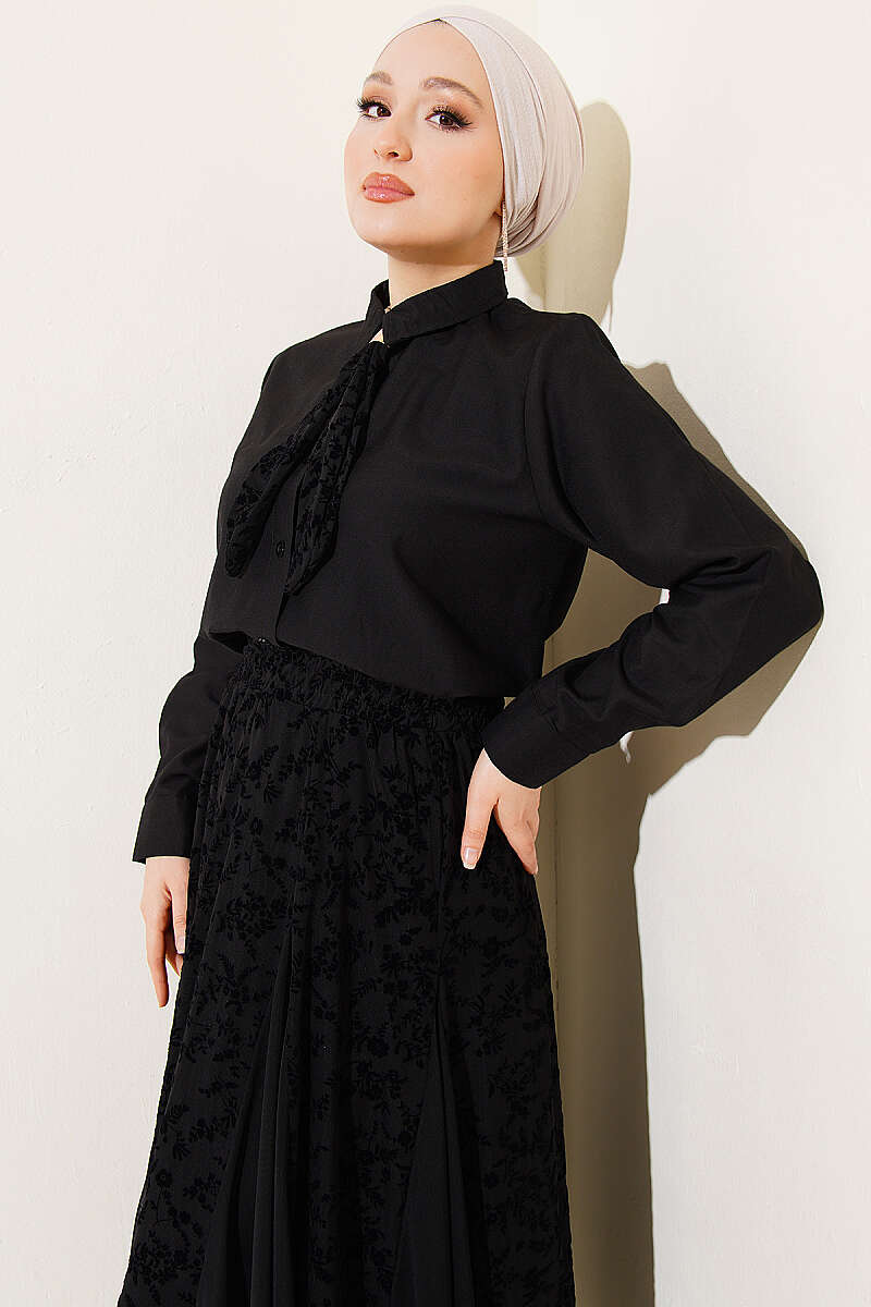 Floral Tulle Skirt Set with Scarf - Black