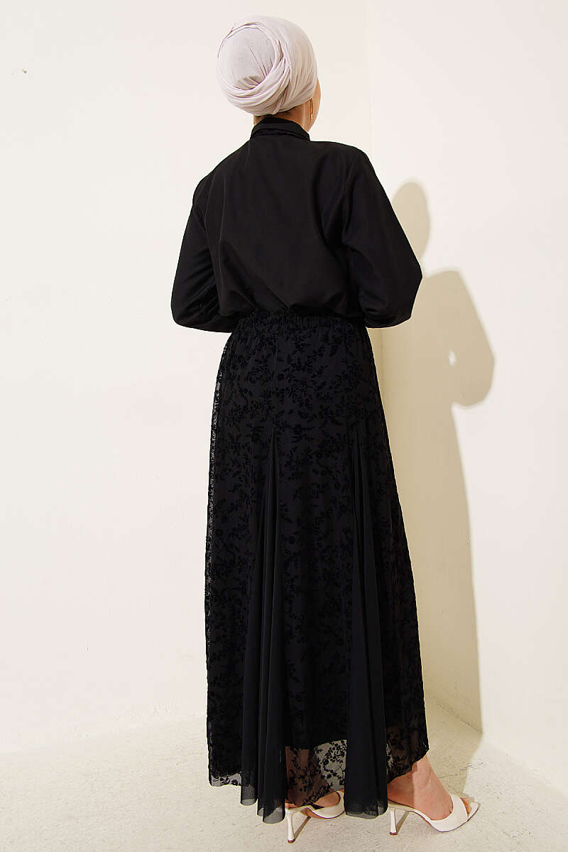 Floral Tulle Skirt Set with Scarf - Black
