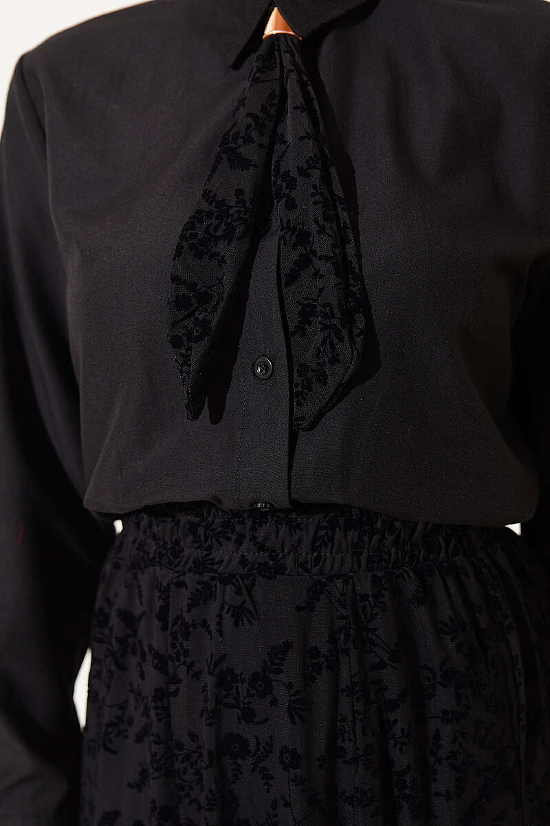 Floral Tulle Skirt Set with Scarf - Black
