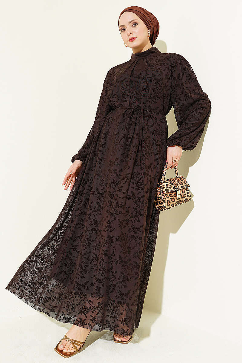 Floral Tulle Dress with Tie Belt - Brown