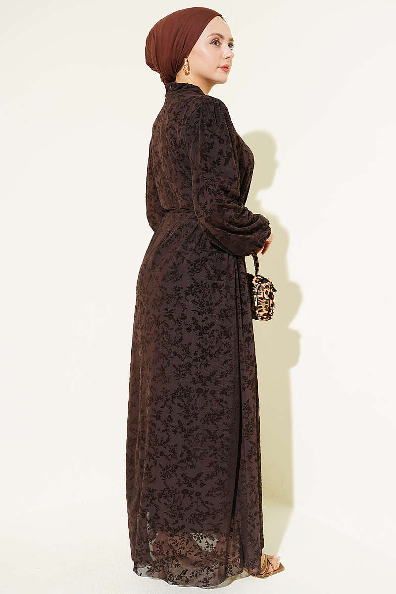 Floral Tulle Dress with Tie Belt - Brown