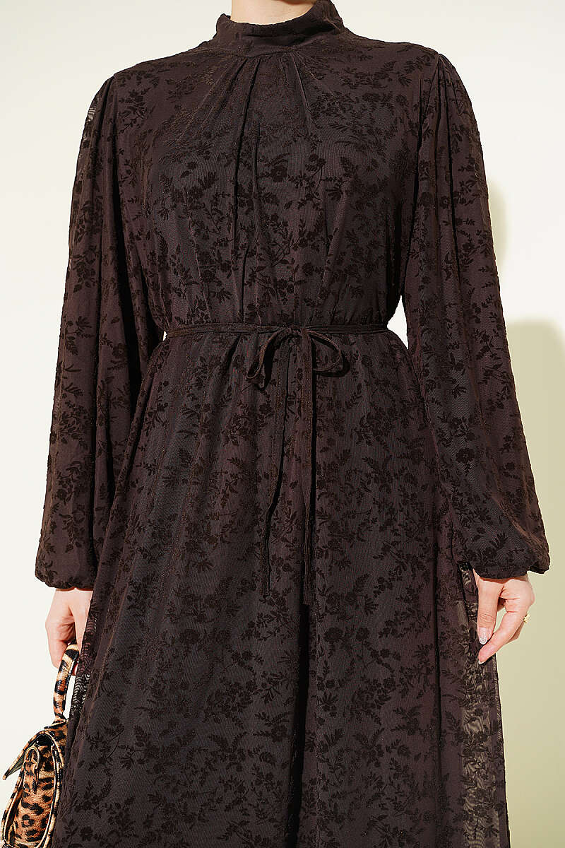 Floral Tulle Dress with Tie Belt - Brown