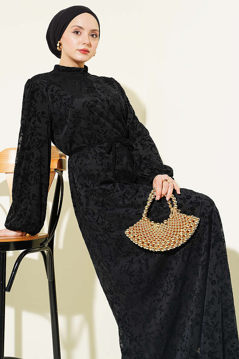 Floral Tulle Dress with Tie Belt - Black