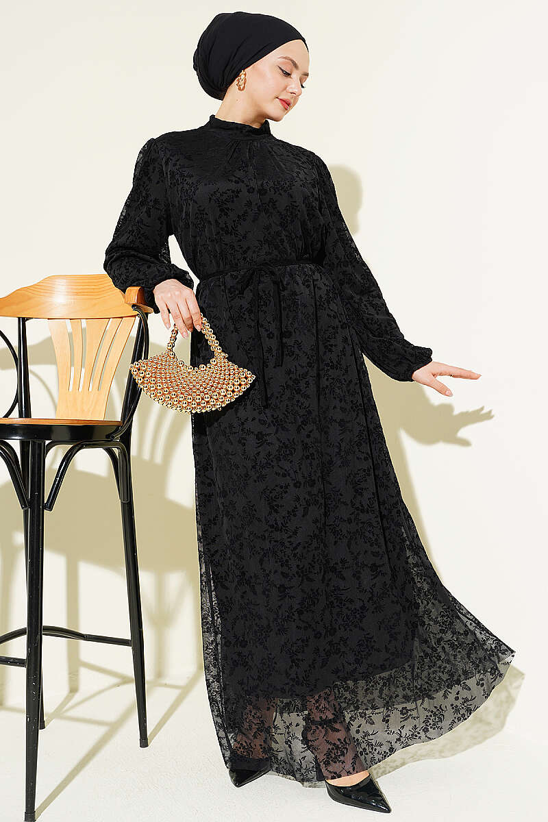 Floral Tulle Dress with Tie Belt - Black